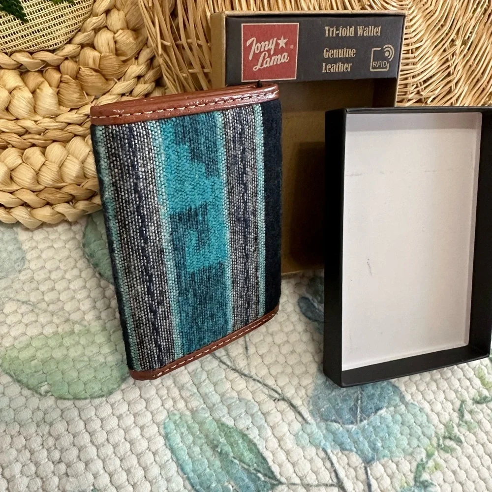 New Tony Lama Tri-Fold Wallet RFID Blue Aztec Canvas Leather Cowboy Western